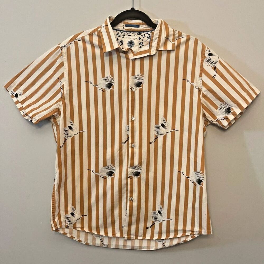 Denim & Flower Ricky Singh Men's Bird Shirt Orange White Stripes Aloha Sz Large